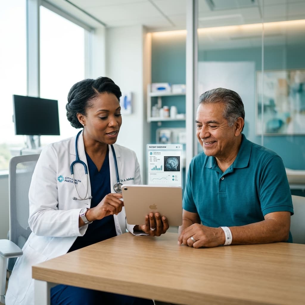 Doctor and patient reviewing records